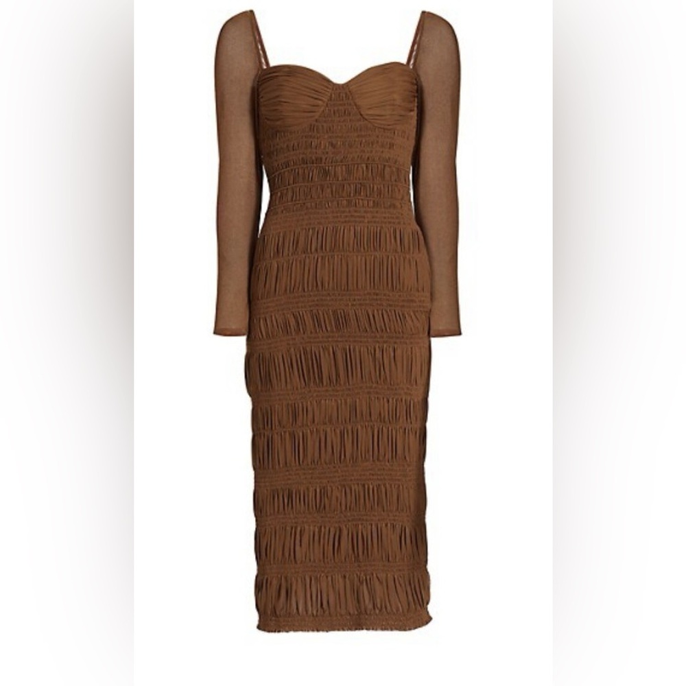 Seen in Magazines Self Portrait Caramel Shirred Midi Dress Size 6 US, 10 UK NWT - Picture 4 of 8